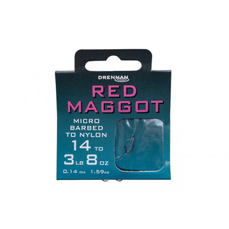 DRENNAN kabliukai su pavadėliu Red Maggot (Nr.16-14) 35cm 8vnt/pak