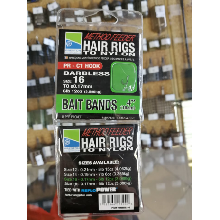 PRESTON kabliukai su pav. Barbless Method Feeder Hair Rigs With Bait Band (Nr.16) 8vnt/pak