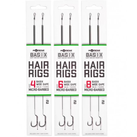 KORDA kabliukai su pavadėliu Basix Hair Rigs Wide Gape (skirtingi dydžiai 2vnt/pak)
